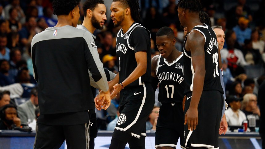 Oct 30, 2024; Memphis, Tennessee, USA; Brooklyn Nets forward Ziaire Williams (1) reacts with teammates as he walks toward the bench during the second half against the Memphis Grizzlies at FedExForum. Mandatory Credit: Petre Thomas-Imagn Images