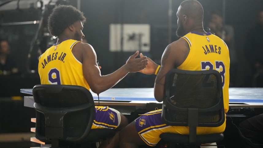 Sep 30, 2024; El Segundo, CA, USA; Los Angeles Lakers forward LeBron James (23) with son Bronny James (9) during media day at the UCLA Health Training Center. Mandatory Credit: Kirby Lee-Imagn Images