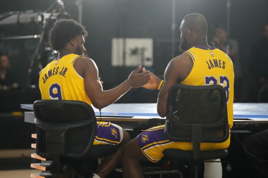 Sep 30, 2024; El Segundo, CA, USA; Los Angeles Lakers forward LeBron James (23) with son Bronny James (9) during media day at the UCLA Health Training Center. Mandatory Credit: Kirby Lee-Imagn Images