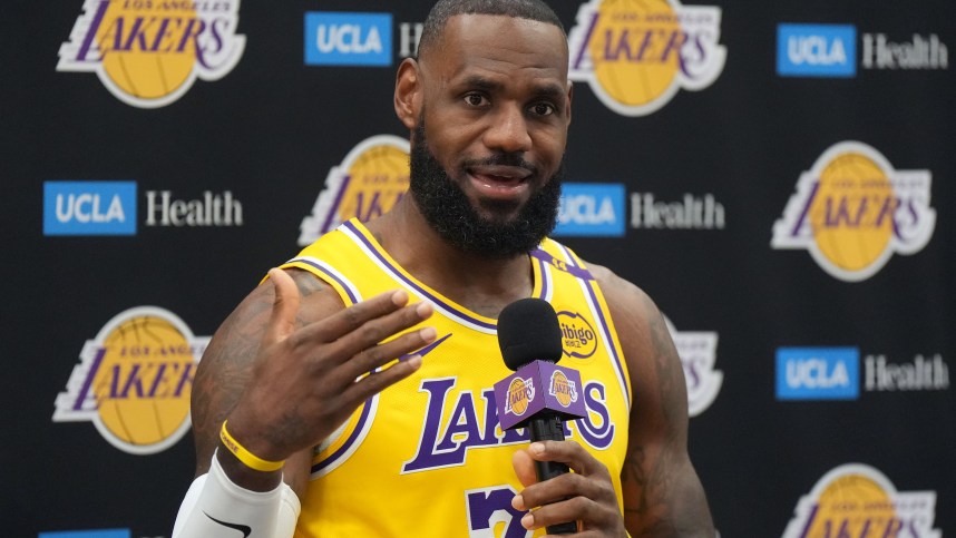 Sep 30, 2024; El Segundo, CA, USA; Los Angeles Lakers forward LeBron James (6) during media day at the UCLA Health Training Center. Mandatory Credit: Kirby Lee-Imagn Images