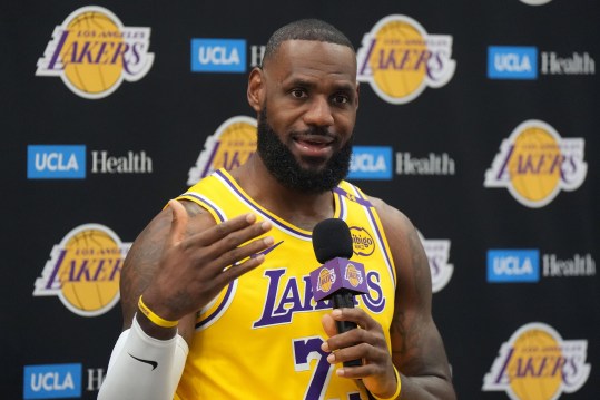 Sep 30, 2024; El Segundo, CA, USA; Los Angeles Lakers forward LeBron James (6) during media day at the UCLA Health Training Center. Mandatory Credit: Kirby Lee-Imagn Images