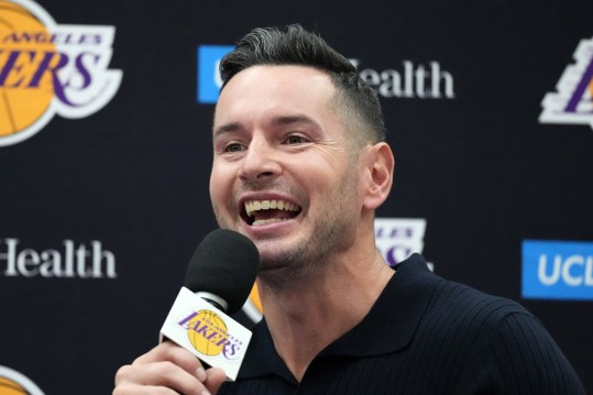 Sep 25, 2024; El Segundo, CA, USA; Los Angeles Lakers coach JJ Redick at press conference at UCLA Health Training Center. Mandatory Credit: Kirby Lee-Imagn Images