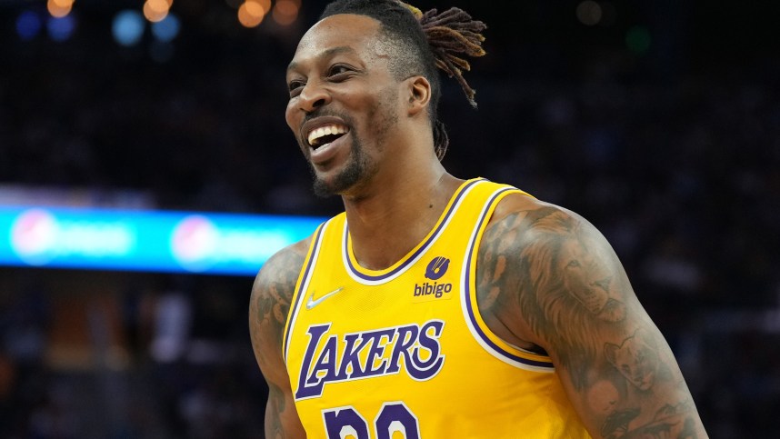 April 7, 2022; San Francisco, California, USA; Los Angeles Lakers center Dwight Howard (39) in the fourth quarter against the Golden State Warriors at Chase Center. Mandatory attribution: Darren Yamashita-Imagn Images