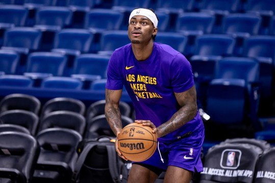 Apr 14, 2024; New Orleans, Louisiana, USA; Los Angeles Lakers forward Jarred Vanderbilt (2) during warmups before the game against the New Orleans Pelicans at Smoothie King Center. Mandatory Credit: Stephen Lew-Imagn Images