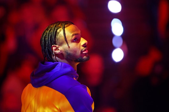 Oct 28, 2024; Phoenix, Arizona, USA; Los Angeles Lakers guard Bronny James (9) looks on before the game against the Phoenix Suns at Footprint Center. Mandatory Credit: Mark J. Rebilas-Imagn Images