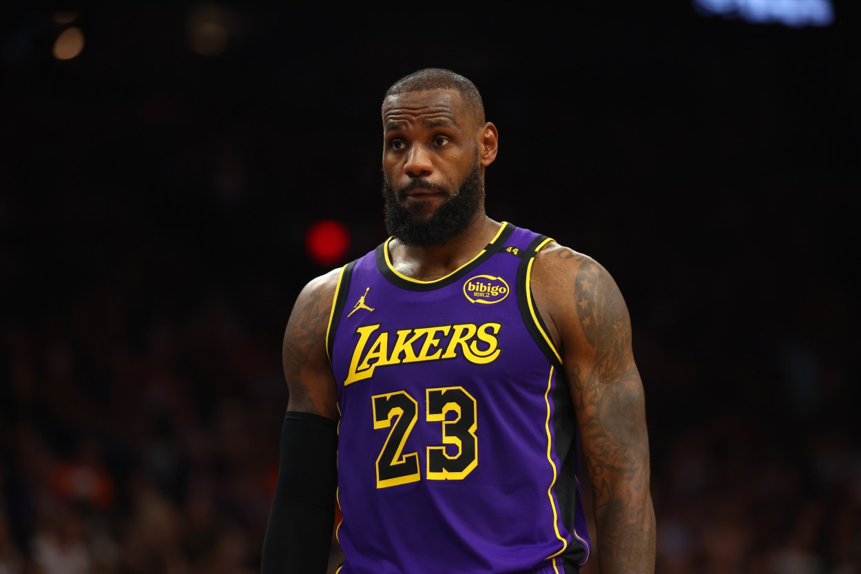 Oct 28, 2024; Phoenix, Arizona, USA; Los Angeles Lakers forward LeBron James (23) against the Phoenix Suns at Footprint Center. Mandatory Credit: Mark J. Rebilas-Imagn Images