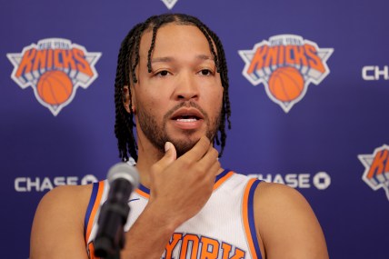 Sep 30, 2024; New York, NY, USA; New York Knicks guard Jalen Brunson speaks during a media day press conference at the MSG training facility in Tarrytown, NY. Mandatory Credit: Brad Penner-Imagn Images