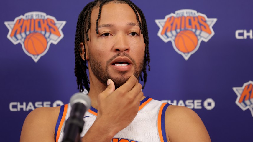 Sep 30, 2024; New York, NY, USA; New York Knicks guard Jalen Brunson speaks during a media day press conference at the MSG training facility in Tarrytown, NY. Mandatory Credit: Brad Penner-Imagn Images