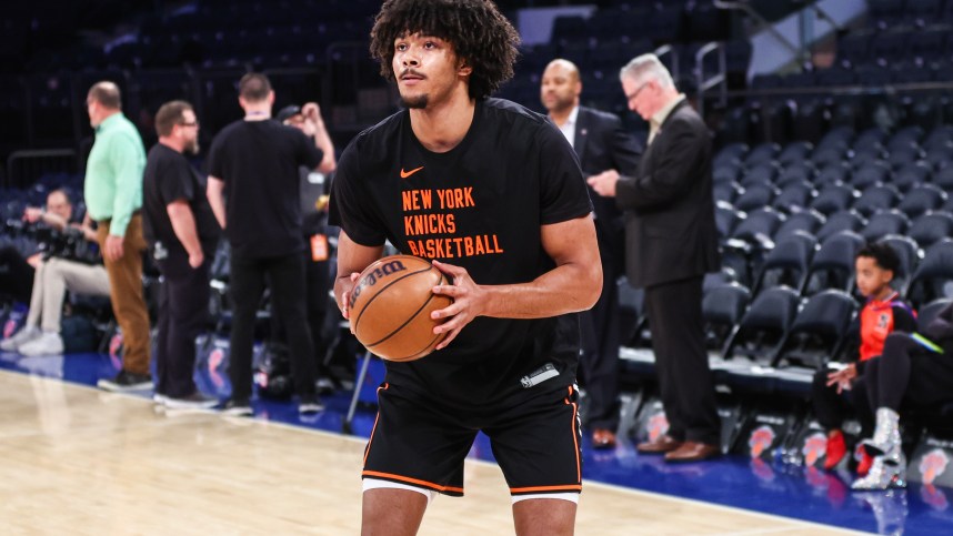 May 8, 2024; New York, New York, USA; New York Knicks center Jericho Sims (45) warms up prior to game two of the second round for the 2024 NBA playoffs against the Indiana Pacers at Madison Square Garden. Mandatory Credit: Wendell Cruz-Imagn Images