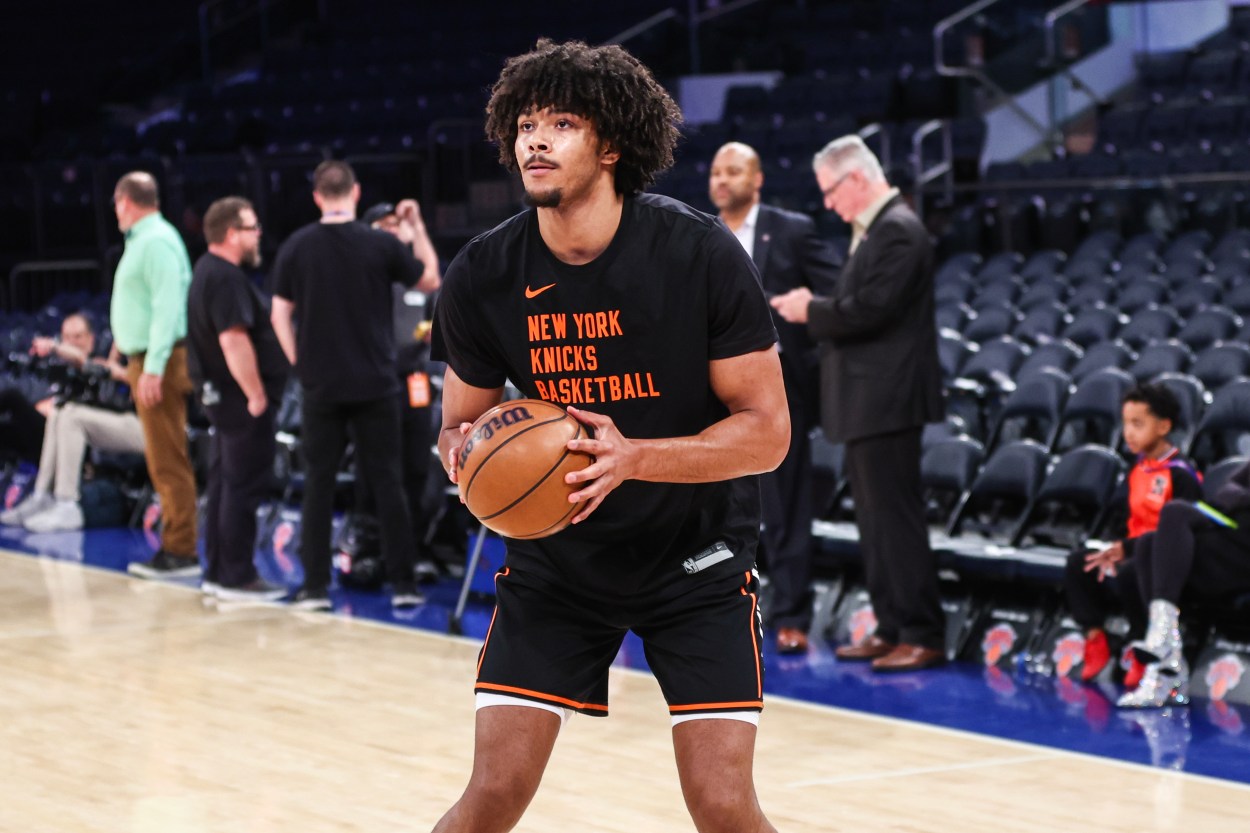 May 8, 2024; New York, New York, USA; New York Knicks center Jericho Sims (45) warms up prior to game two of the second round for the 2024 NBA playoffs against the Indiana Pacers at Madison Square Garden. Mandatory Credit: Wendell Cruz-Imagn Images