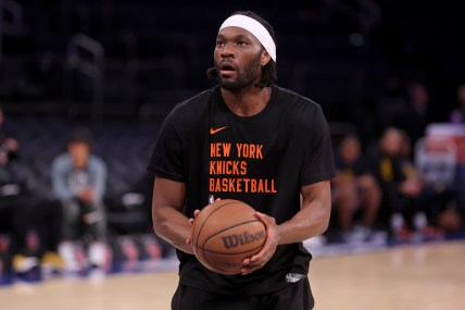 May 19, 2024; New York, New York, USA; New York Knicks forward Precious Achiuwa (5) warms up before game seven of the second round of the 2024 NBA playoffs against the Indiana Pacers at Madison Square Garden. Mandatory Credit: Brad Penner-Imagn Images