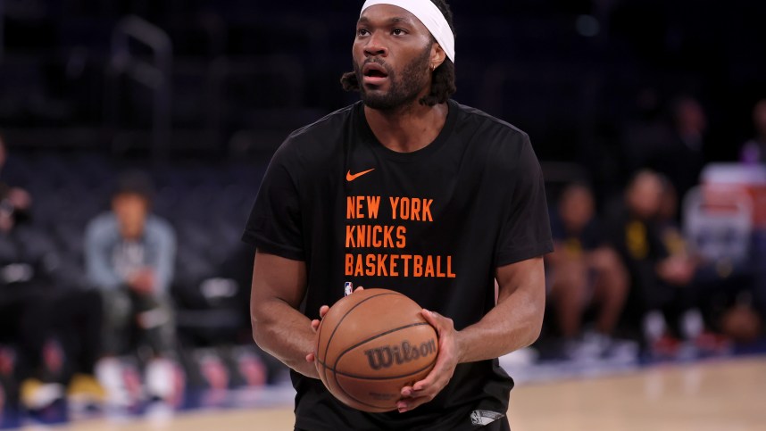 May 19, 2024; New York, New York, USA; New York Knicks forward Precious Achiuwa (5) warms up before game seven of the second round of the 2024 NBA playoffs against the Indiana Pacers at Madison Square Garden. Mandatory Credit: Brad Penner-Imagn Images