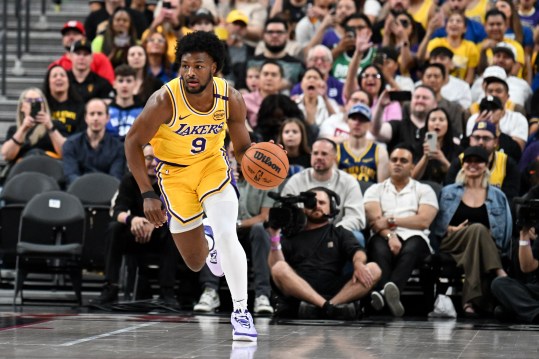 Oct 15, 2024; Las Vegas, Nevada, USA; Los Angeles Lakers guard Bronny James (9) dribbles the ball up the court against the Golden State Warriors in the fourth quarter of their preseason game at T-Mobile Arena. Mandatory Credit: Candice Ward-Imagn Images