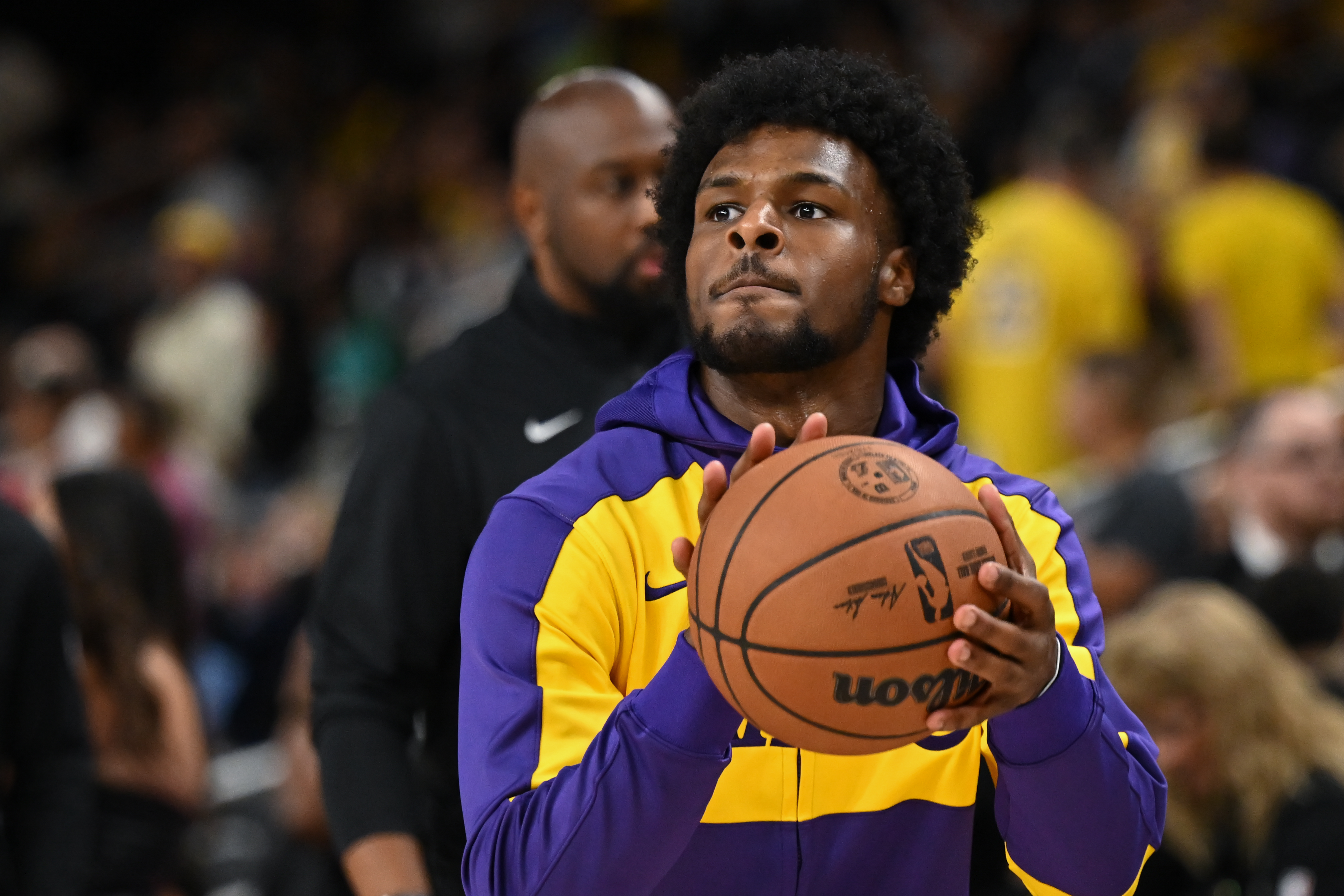 Oct 4, 2024; Palm Desert, California, USA; Los Angeles Lakers guard Bronny James (9) shoots during warmups against the Minnesota Timberwolves at Acrisure Arena. Mandatory Credit: Jonathan Hui-Imagn Images