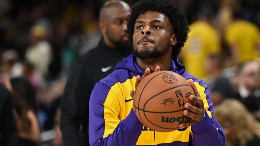 Oct 4, 2024; Palm Desert, California, USA; Los Angeles Lakers guard Bronny James (9) shoots during warmups against the Minnesota Timberwolves at Acrisure Arena. Mandatory Credit: Jonathan Hui-Imagn Images