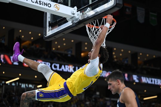 Oct 4, 2024; Palm Desert, California, USA; Los Angeles Lakers center Jaxson Hayes (11) dunks against the Minnesota Timberwolves during the first half at Acrisure Arena. Mandatory Credit: Jonathan Hui-Imagn Images