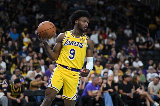 Oct 4, 2024; Palm Desert, California, USA; Los Angeles Lakers guard Bronny James (9) looks to pass against the Minnesota Timberwolves during the second half at Acrisure Arena. Mandatory Credit: Jonathan Hui-Imagn Images