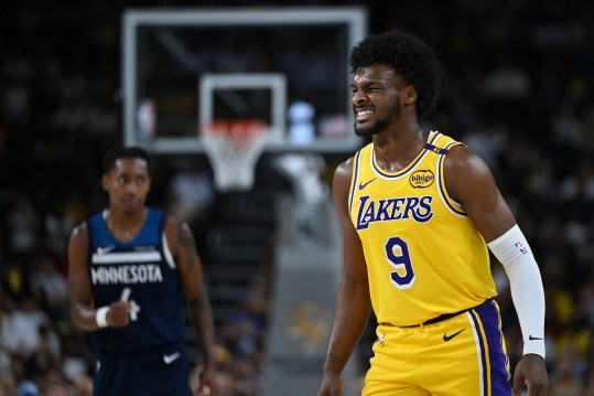 Oct 4, 2024; Palm Desert, California, USA; Los Angeles Lakers guard Bronny James (9) reacts against the Minnesota Timberwolves during the second half at Acrisure Arena. Mandatory Credit: Jonathan Hui-Imagn Images