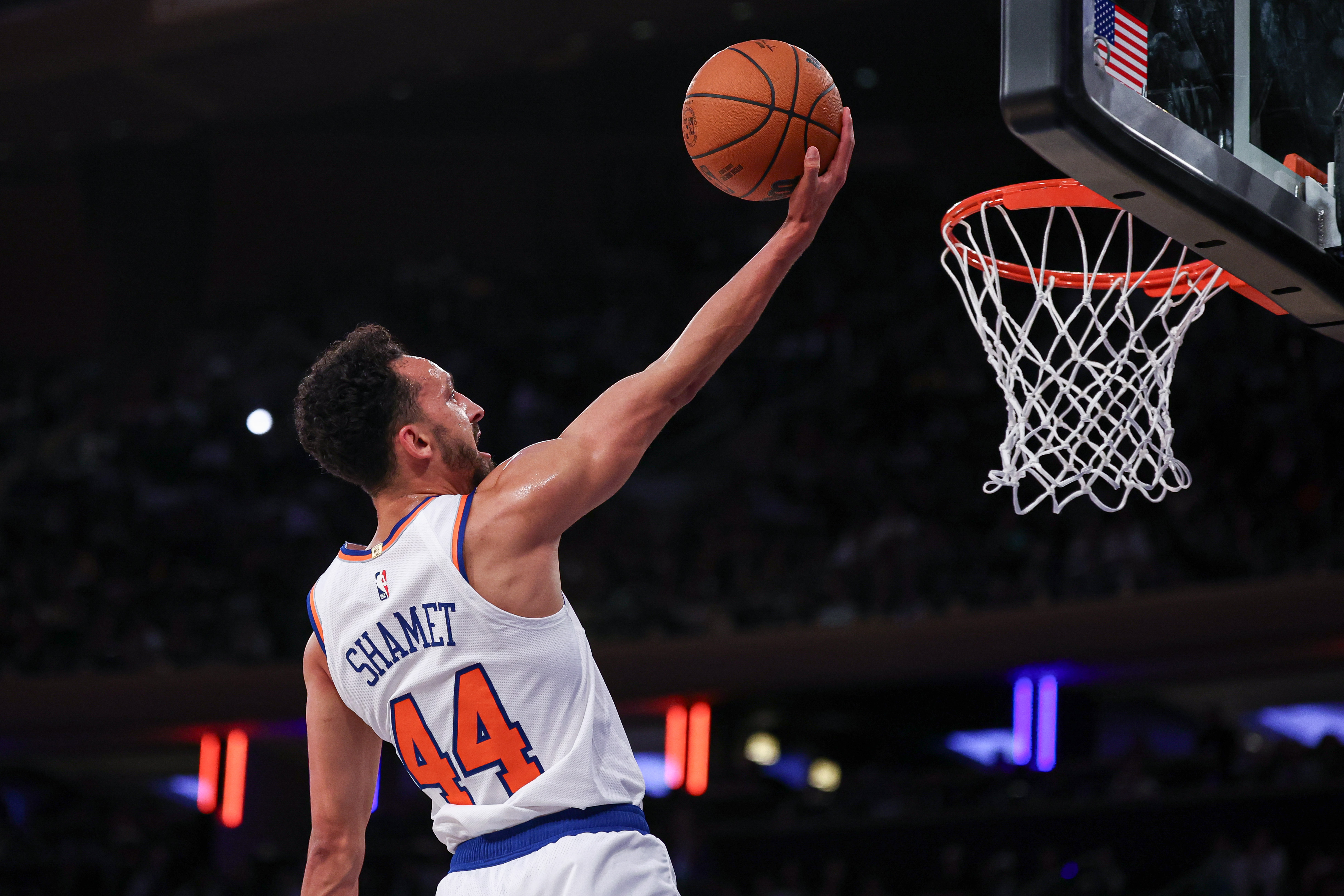 Oct 13, 2024; New York, New York, USA; New York Knicks guard Landry Shamet (44) lays the ball up for a basket  during the first half against the Minnesota Timberwolves at Madison Square Garden. Mandatory Credit: Vincent Carchietta-Imagn Images