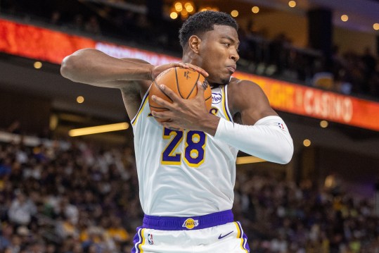 Oct 6, 2024; Palm Desert, California, USA; Los Angeles Lakers forward Rui Hachimura (28) rebounds the ball against Phoenix Suns guard during the first half at Acrisure Arena. Mandatory Credit: David Frerker-Imagn Images