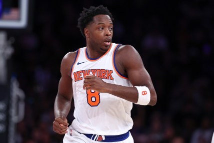 Oct 9, 2024; New York, New York, USA; dNew York Knicks forward OG Anunoby (8) runs up court after a basket against the Washington Wizards uring the first half at Madison Square Garden. Mandatory Credit: Vincent Carchietta-Imagn Images