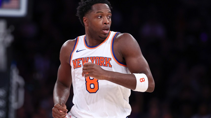 Oct 9, 2024; New York, New York, USA; dNew York Knicks forward OG Anunoby (8) runs up court after a basket against the Washington Wizards uring the first half at Madison Square Garden. Mandatory Credit: Vincent Carchietta-Imagn Images