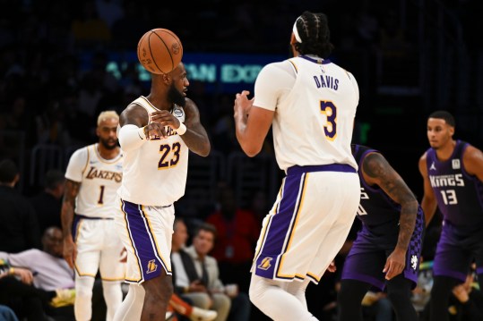 Oct 26, 2024; Los Angeles, California, USA; Los Angeles Lakers forward LeBron James (23) passes to Los Angeles Lakers forward Anthony Davis (3) during the first half at Crypto.com Arena. Mandatory Credit: Jonathan Hui-Imagn Images