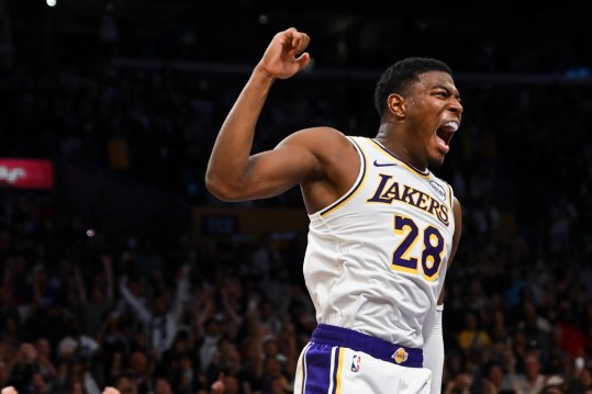 Oct 26, 2024; Los Angeles, California, USA; Los Angeles Lakers forward Rui Hachimura (28) reacts after dunking against the Sacramento Kings during the second half at Crypto.com Arena. Mandatory Credit: Jonathan Hui-Imagn Images