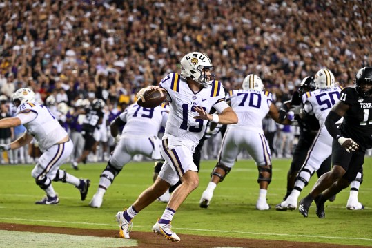 Oct 26, 2024; College Station, Texas, USA; LSU Tigers quarterback Garrett Nussmeier (13) passes the ball during the second quarter against the Texas A&M Aggies. The Aggies defeated the Tigers 38-23; at Kyle Field. Mandatory Credit: Maria Lysaker-Imagn Images.  