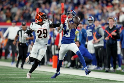 Oct 13, 2024; East Rutherford, New Jersey, USA; Cincinnati Bengals cornerback Cam Taylor-Britt (29) breaks up a pass intended for New York Giants wide receiver Jalin Hyatt (13) during the fourth quarter at MetLife Stadium. Mandatory Credit: Brad Penner-Imagn Images