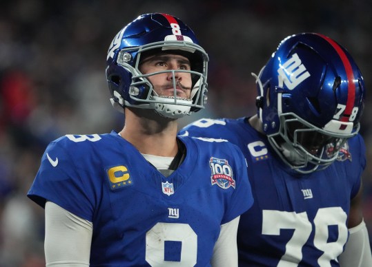 Oct 13, 2024; East Rutherford, New Jersey, USA;  New York Giants quarterback Daniel Jones (8) after a incomplete pass against the Cincinnati Bengals during the second half at MetLife Stadium. Mandatory Credit: Robert Deutsch-Imagn Images