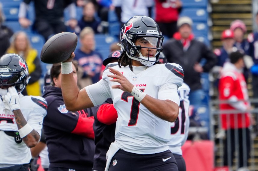 Oct 13, 2024; Foxborough, Massachusetts, USA; Houston Texans quarterback C.J. Stroud (7) warms up prior to the game against the New England Patriots at Gillette Stadium. Mandatory Credit: Gregory Fisher-Imagn Images