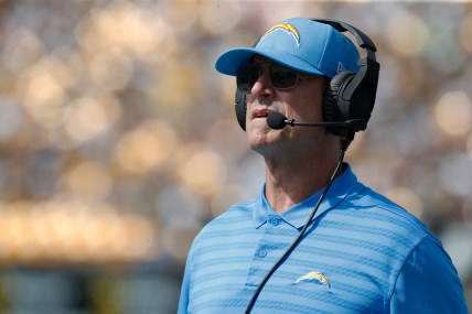 Sep 22, 2024; Pittsburgh, Pennsylvania, USA;  Los Angeles Chargers head coach Jim Harbaugh looks on from the sidelines during the second quarter against the Pittsburgh Steelers at Acrisure Stadium. Mandatory Credit: Charles LeClaire-Imagn Images