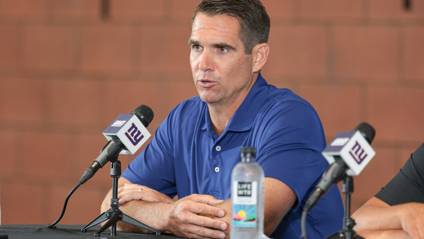 Jul 24, 2024; East Rutherford, NJ, USA; New York Giants general manager Joe Schoen talks to media before the start of training camp at Quest Diagnostics Training Facility. Mandatory Credit: Vincent Carchietta-Imagn Images