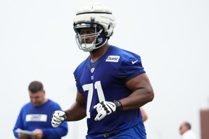 Jul 25, 2024; East Rutherford, NY, USA; New York Giants offensive tackle Marcellus Johnson (71) jogs to the sideline during training camp at Quest Diagnostics Training Center. Mandatory Credit: Lucas Boland-Imagn Images