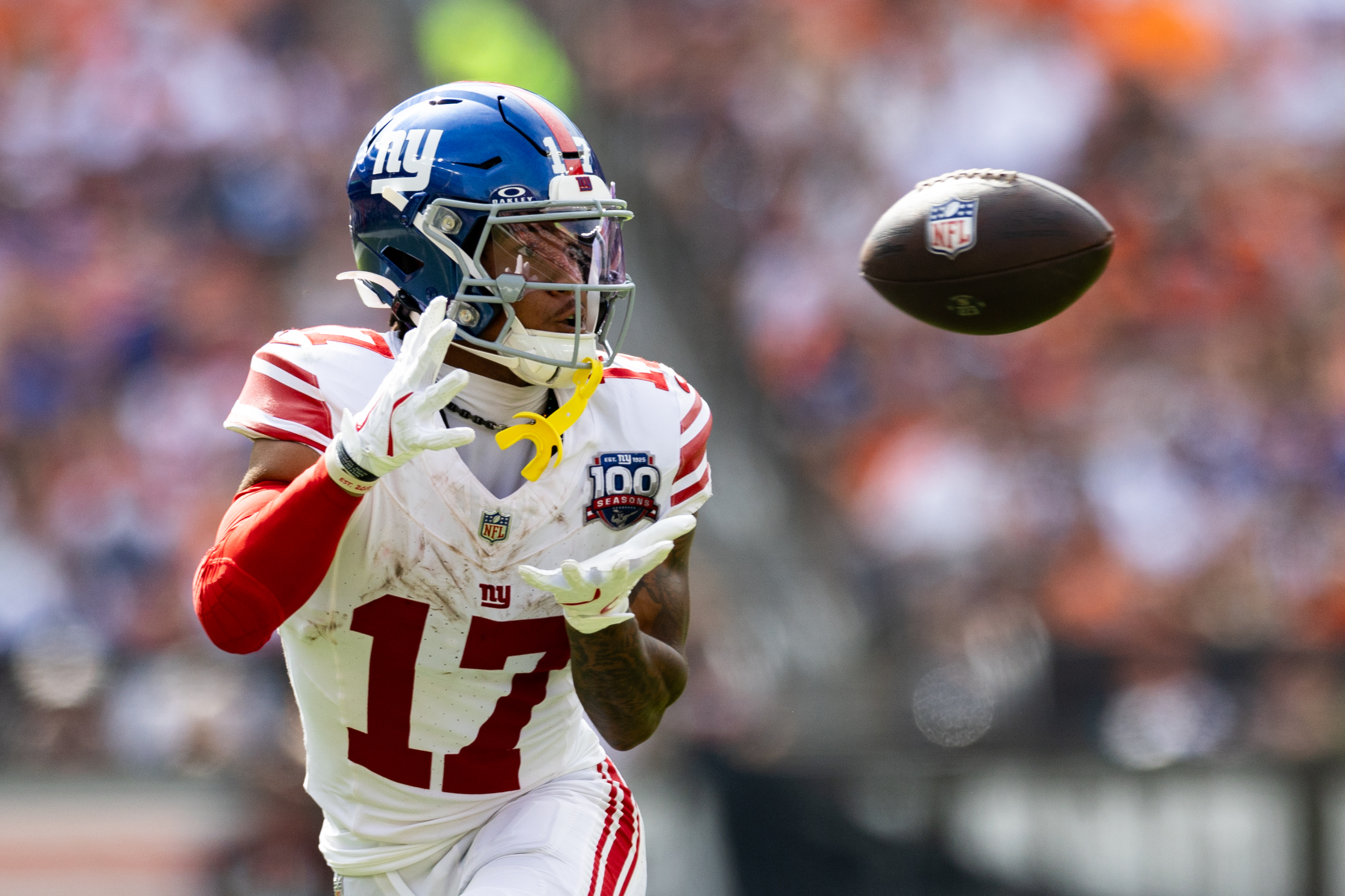 Sep 22, 2024; Cleveland, Ohio, USA; New York Giants wide receiver Wan'Dale Robinson (17) catches a pass during the third quarter against the Cleveland Browns at Huntington Bank Field. Mandatory Credit: Scott Galvin-Imagn Images