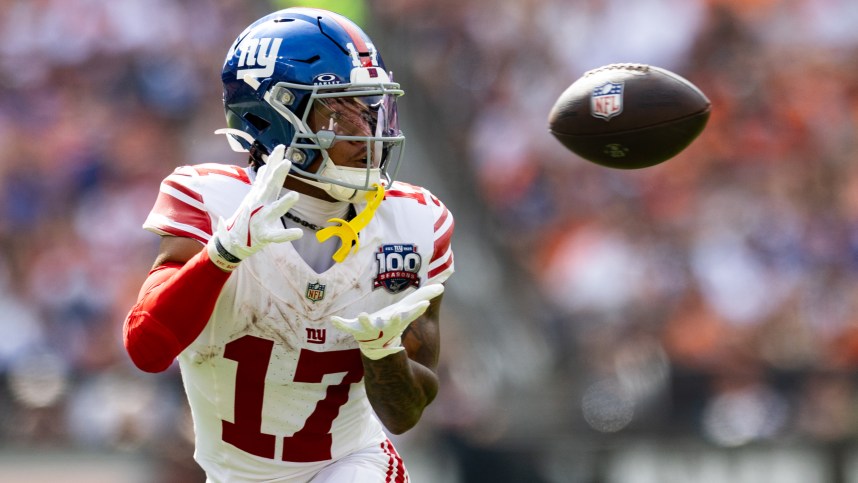 Sep 22, 2024; Cleveland, Ohio, USA; New York Giants wide receiver Wan'Dale Robinson (17) catches a pass during the third quarter against the Cleveland Browns at Huntington Bank Field. Mandatory Credit: Scott Galvin-Imagn Images