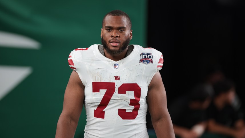 Aug 24, 2024; East Rutherford, New Jersey, USA; New York Giants offensive tackle Evan Neal (73) after the game at MetLife Stadium. Mandatory Credit: Vincent Carchietta-Imagn Images