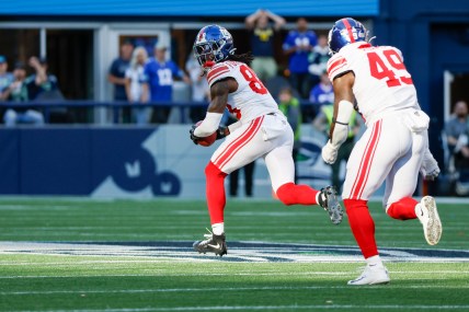 Oct 6, 2024; Seattle, Washington, USA; New York Giants wide receiver Bryce Ford-Wheaton (88) returns a blocked field goal for a touchdown against the Seattle Seahawks during the fourth quarter at Lumen Field. Mandatory Credit: Joe Nicholson-Imagn Images