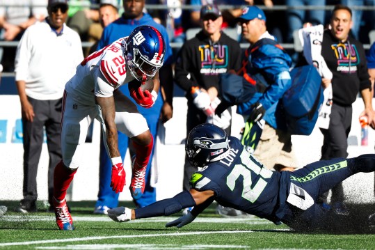 Oct 6, 2024; Seattle, Washington, USA; New York Giants running back Tyrone Tracy Jr. (29) runs for yards after the catch against the Seattle Seahawks during the third quarter at Lumen Field. Mandatory Credit: Joe Nicholson-Imagn Images