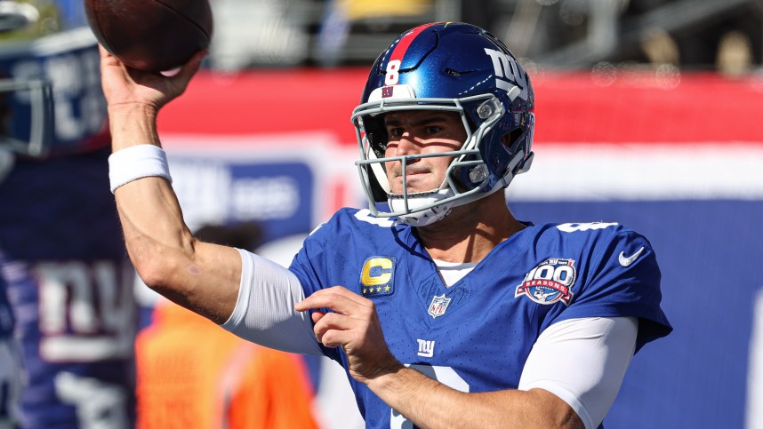 Oct 20, 2024; East Rutherford, New Jersey, USA; New York Giants quarterback Daniel Jones (8) warms up before the game against the Philadelphia Eagles at MetLife Stadium. Mandatory Credit: Vincent Carchietta-Imagn Images