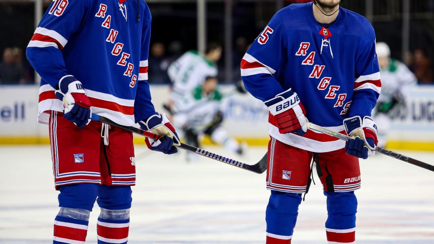 Jan 12, 2023; New York, New York, USA; New York Rangers defenseman K'Andre Miller (79) and New York Rangers defenseman Ryan Lindgren (55) during warmups before a game against the Dallas Stars at Madison Square Garden. Mandatory Credit: Danny Wild-Imagn Images