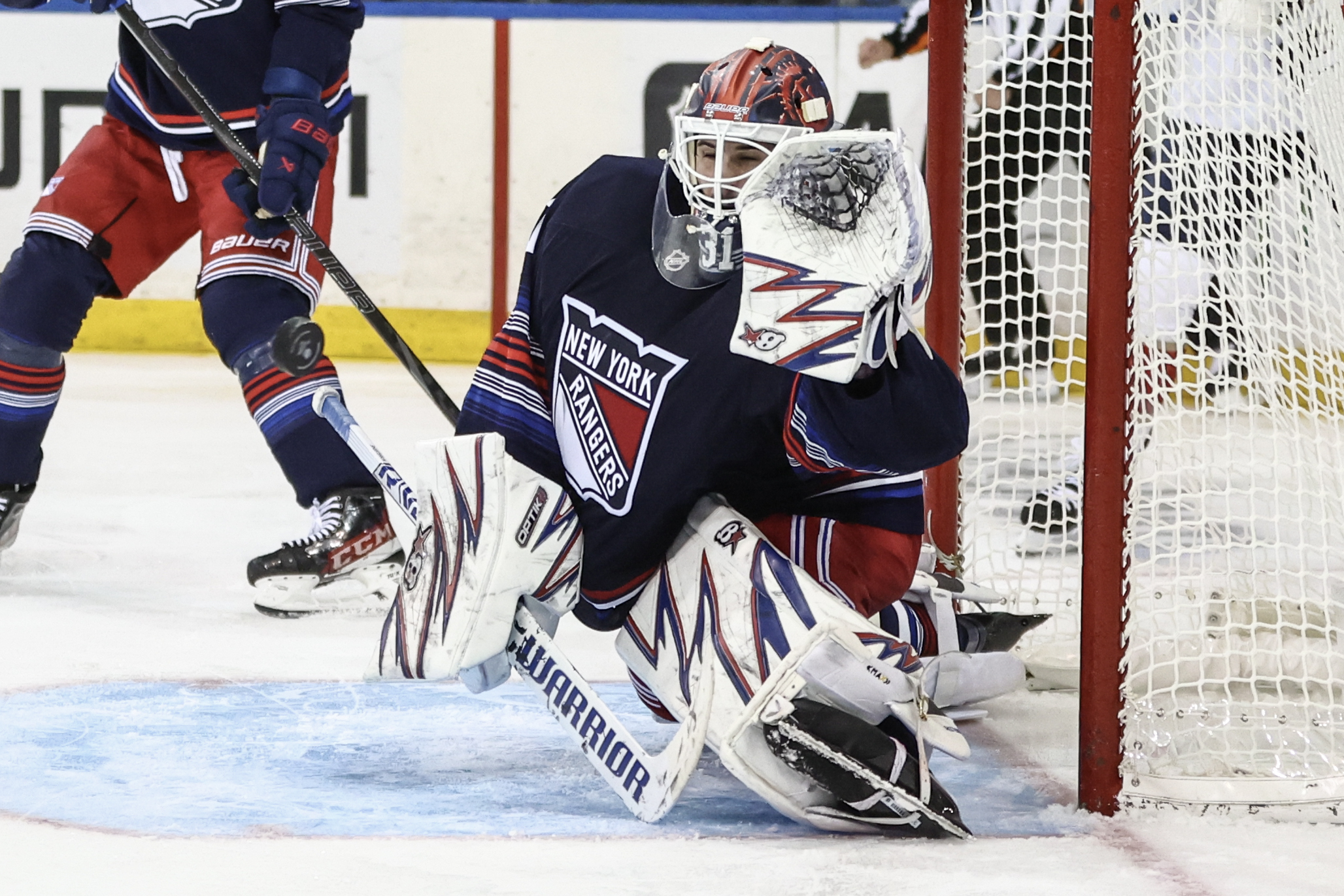 Oct 24, 2024; New York, New York, USA;  New York Rangers goaltender Igor Shesterkin (31) makes a save on a shot on goal attempt in the third period against the Florida Panthers at Madison Square Garden. Mandatory Credit: Wendell Cruz-Imagn Images