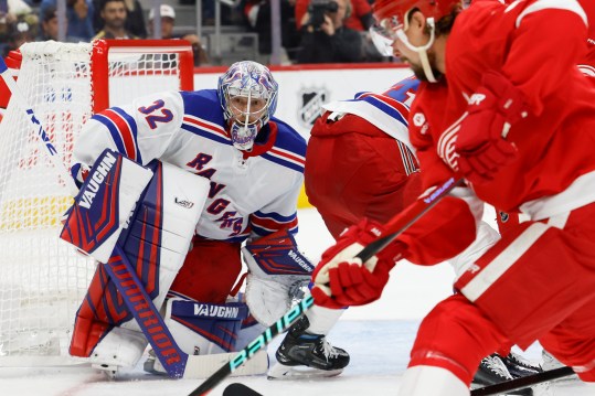 Oct 17, 2024; Detroit, Michigan, USA;  New York Rangers goaltender Jonathan Quick (32) tends goal in the second period against the Detroit Red Wings at Little Caesars Arena. Mandatory Credit: Rick Osentoski-Imagn Images