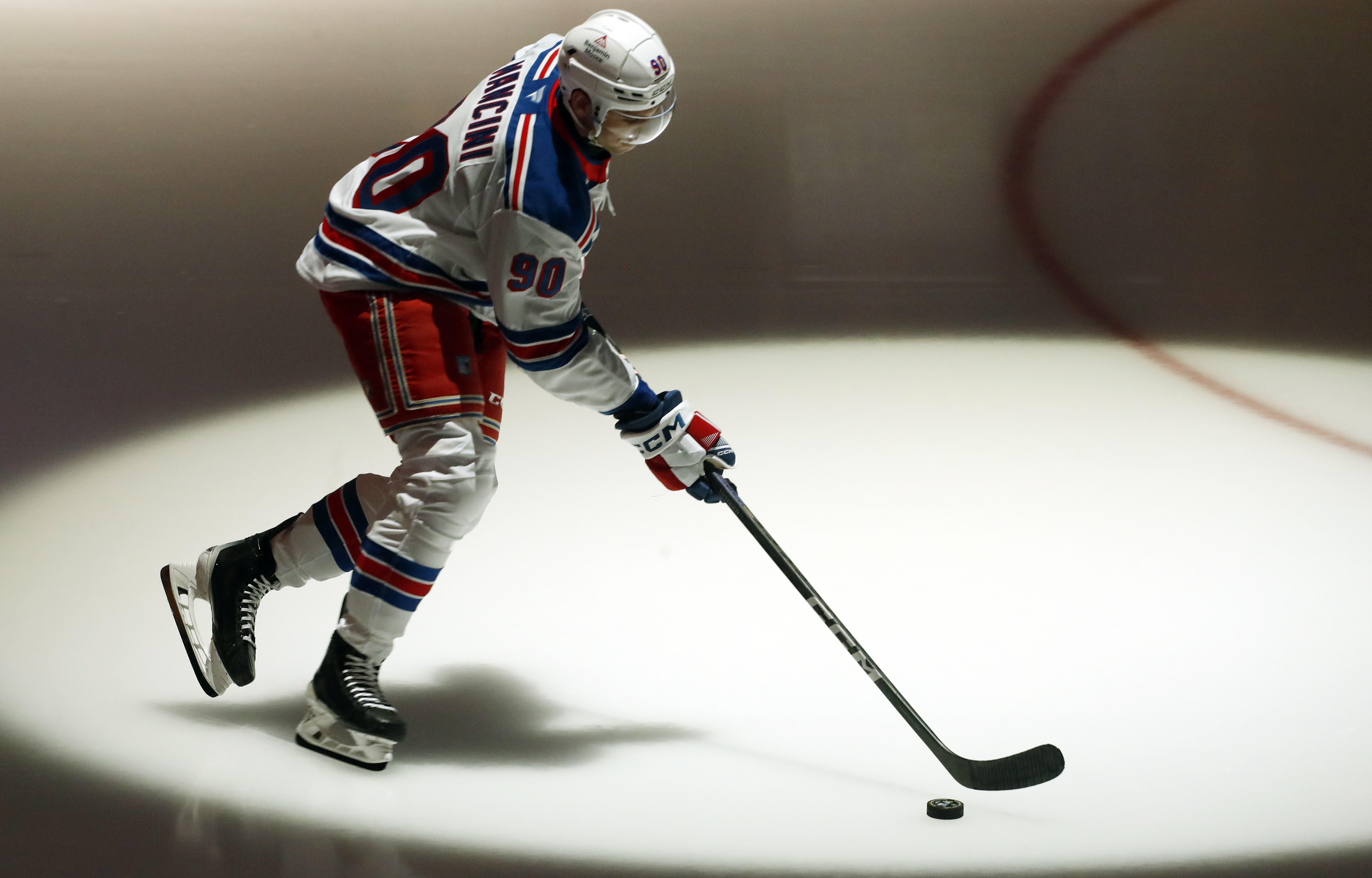 Oct 9, 2024; Pittsburgh, Pennsylvania, USA;  New York Rangers defenseman Victor Mancini (90) takes his rookie lap before making his NHL debut against the Pittsburgh Penguins at PPG Paints Arena. Mandatory Credit: Charles LeClaire-Imagn Images