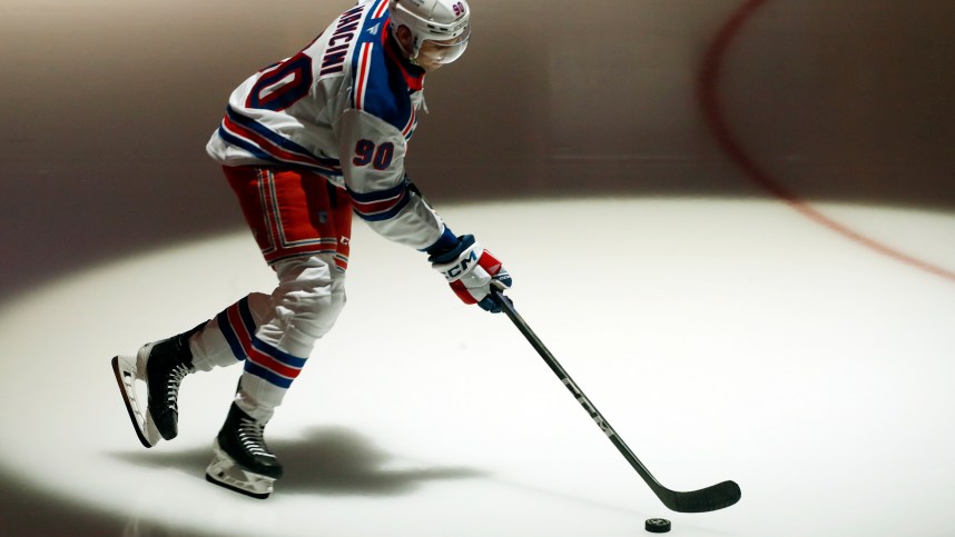 Oct 9, 2024; Pittsburgh, Pennsylvania, USA;  New York Rangers defenseman Victor Mancini (90) takes his rookie lap before making his NHL debut against the Pittsburgh Penguins at PPG Paints Arena. Mandatory Credit: Charles LeClaire-Imagn Images