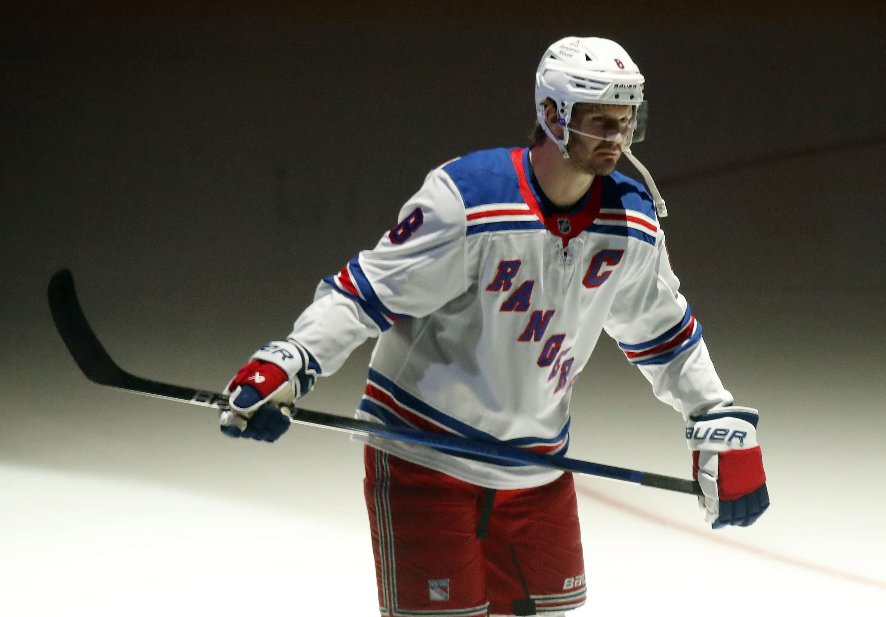 Oct 9, 2024; Pittsburgh, Pennsylvania, USA;  New York Rangers defenseman Jacob Trouba (8) takes the ice against the Pittsburgh Penguins during the first period at PPG Paints Arena. Mandatory Credit: Charles LeClaire-Imagn Images