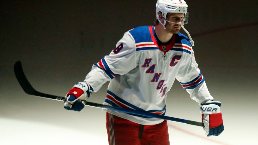 Oct 9, 2024; Pittsburgh, Pennsylvania, USA;  New York Rangers defenseman Jacob Trouba (8) takes the ice against the Pittsburgh Penguins during the first period at PPG Paints Arena. Mandatory Credit: Charles LeClaire-Imagn Images