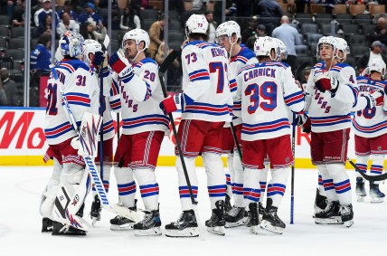 Oct 19, 2024; Toronto, Ontario, CAN; New York Rangers goaltender Igor Shesterkin (31) celebrates with left wing Chris Kreider (20) after defeating the Toronto Maple Leafs at Scotiabank Arena. Mandatory Credit: Nick Turchiaro-Imagn Images