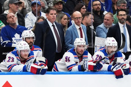 Oct 19, 2024; Toronto, Ontario, CAN; New York Rangers head coach Peter Laviolette watches the play against the Toronto Maple Leafs during the third period at Scotiabank Arena. Mandatory Credit: Nick Turchiaro-Imagn Images